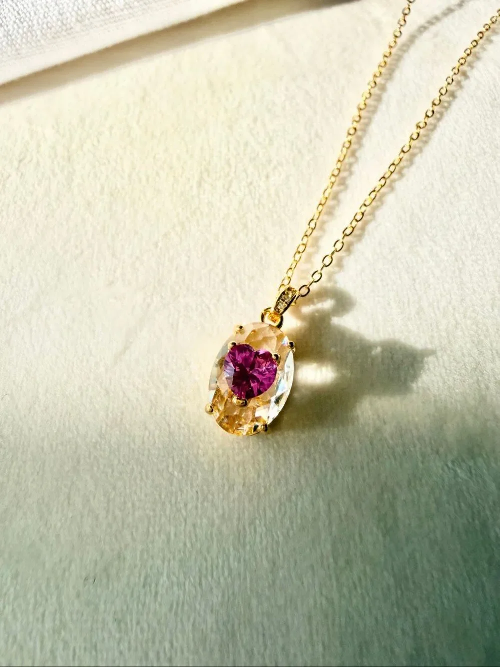 Hot Pink & Clear Cubic Zirconia Oval Pendant Necklace Gold Tone